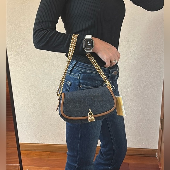 Michael Kors MILA EW Sling Crossbody Handbag Denim Navy/Brown, Chain Link Strap - Picture 10 of 10